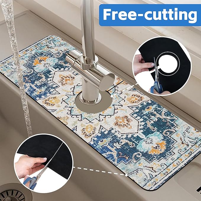Oriental Blue Turkish Carpet Pattern Sink Faucet Absorbing Mat Sink Splash Guard Faucet Mat Draining Mat Fast Drying Sink Protectors for Kitchen and Bathroom 5.5"×15"