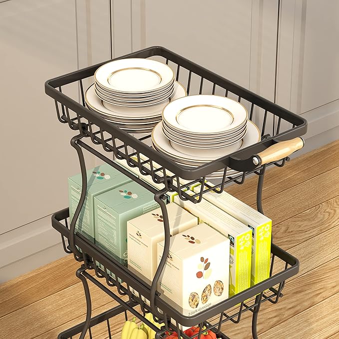 4 Tier Slim Fruit Basket for Kitchen, Stackable Metal Wire Fruit Vegetable Storage Baskets Organizer Stand on Wheels, Produce Basket Potato Onion Storage Bins Rack for Pantry. (Black)