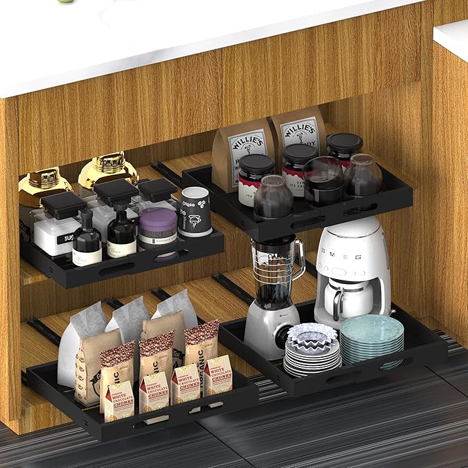 Expandable Pull Out Cabinet Organizer - 17" Deep, Adhesive No Drill, Expandable Drawer For Kitchen, Pantry, Bathroom