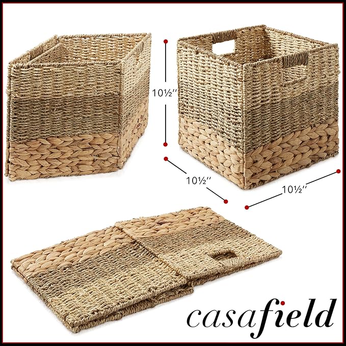Casafield 10.5" x 10.5" Mixed Weave Storage Baskets, Natural - Set of 4 Woven Hyacinth Seagrass Wicker Storage Cube Bins for Bathroom, Bedroom, Laundry, Pantry, Shelves