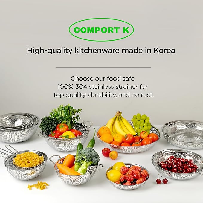 COMPORT K Premium 18/8 304 Stainless Steel Strainer Set of 3 with Handles, Micro-Perforated Colanders, 4-6-8 Quart Set, Self-Draining Solid Base for Pasta, Fruits, Vegetables, Made in Korea