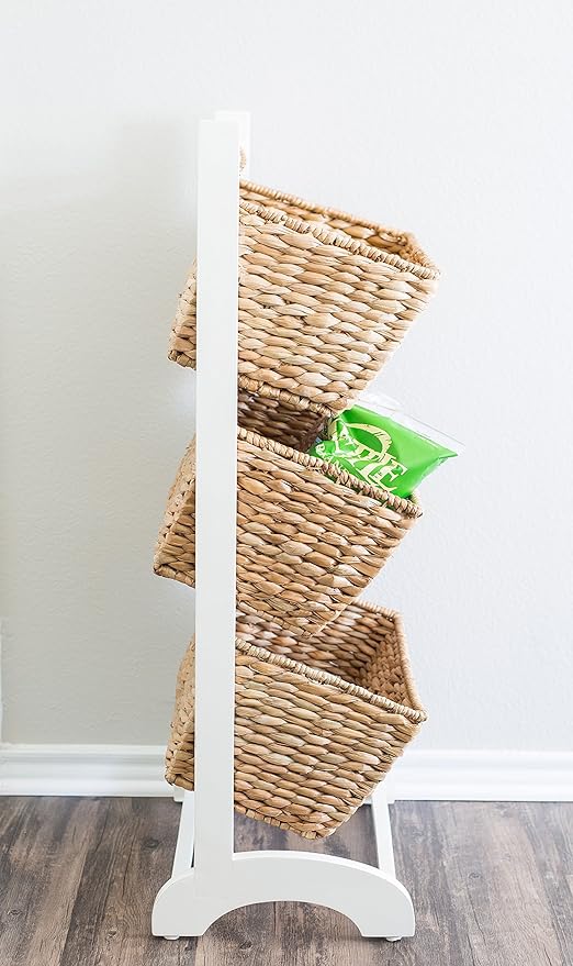BIRDROCK HOME 3 Tier Abaca Storage Cubby (Natural) - 3 Baskets Made of Durable Seagrass Fiber - Solid Wood Frame - Child Pet Dog Toy Food Storage Organizer Shelf - Kitchen Vertical Rack Unit Stand