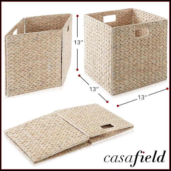 Casafield 13" x 13" Hyacinth Storage Baskets, Whitewash - Set of 2 Storage Organizers, Woven Wicker Cubes for Bathroom, Bedroom, Laundry, Shelves