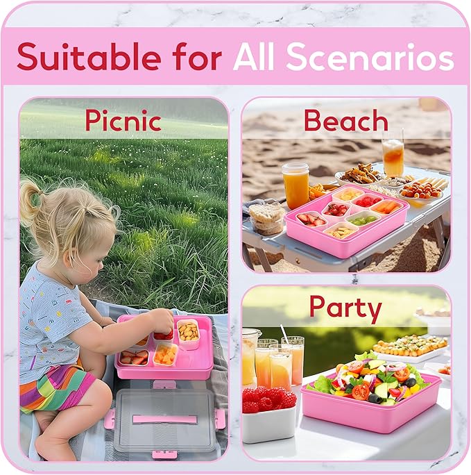 Snackle Box Container for Adults with 9 Compartment, Divided Serving Tray Snack Box Containers with Lid and Handle, Charcuterie Boxes Portable Snack Platter for Fruit Veggie Party Travel, Pink