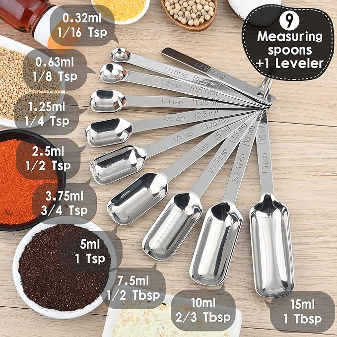 zoyizi Measuring Spoons Set 10, 18/8 Stainless Steel Measuring Spoons for Kitchen & Baking, Long Handle Metric & US Metal Measure Spoon with 1/16tsp, 3/3tsp, 2/3tbsp for Spice Jar