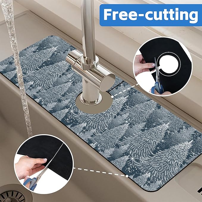 Christmas Forest Sink Faucet Absorbing Mat Pine Spruce Sink Splash Guard Faucet Mat Draining Mat Fast Drying Sink Protectors for Kitchen and Bathroom 5.5"×15"