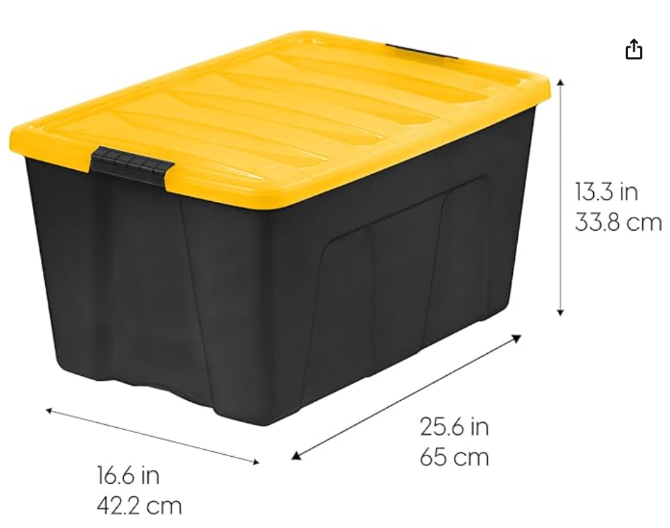IRIS USA 72 Qt Stackable Plastic Storage Bins with Lids, 6 Pack - BPA-Free, Made in USA - Garage Organizing Solution, Latches, Durable Nestable Containers, Secure Pull Handle - Black/Yellow