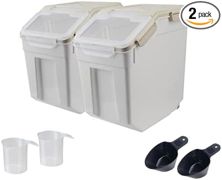 Large Flour Storage Container Bin 25lb, 2Pack Airtight Rice Storage Containers with Measuring Cup&Scoop, BPA Free with Wheels Seal Locking Lid for Flour, Rice, Grain (50LBS Total, Grey)