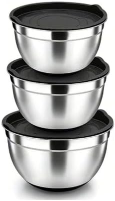 TEEM Stainless Steel 304 Mixing Bowls with Airtight Lids, Set of 3 Large Medium Small 1.5L 2L 3L (1.6QT 2.1QT 3.2QT) Food-Grade Metal Nesting Salad Bowls - Rust-Resistant, Dishwasher Freezer Safe