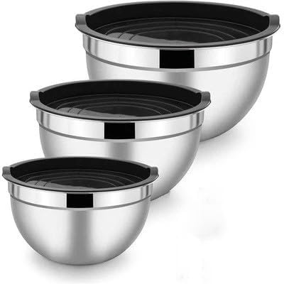 TEEM Stainless Steel 304 Mixing Bowls with Airtight Lids, Set of 3 Large Medium Small 1.5L 2L 3L (1.6QT 2.1QT 3.2QT) Food-Grade Metal Nesting Salad Bowls - Rust-Resistant, Dishwasher Freezer Safe