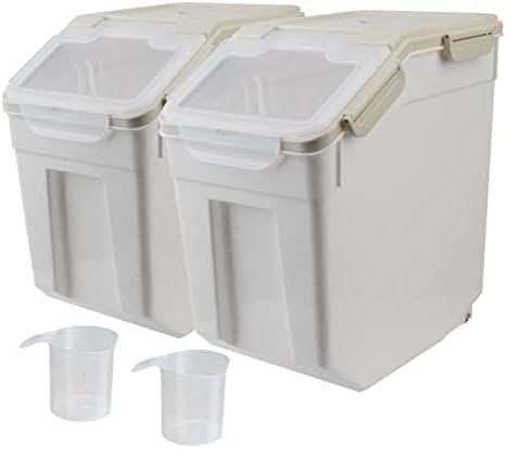 Large Flour Storage Container Bin 25lb, 2Pack Airtight Rice Storage Containers with Measuring Cup&Scoop, BPA Free with Wheels Seal Locking Lid for Flour, Rice, Grain (50LBS Total, Grey)