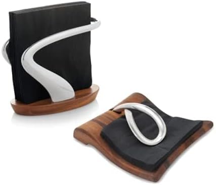 nambe Breeze Napkin Holder | Tabletop Napkin Tray for Parties, Weddings, and Events | Made of Acacia Wood and Stainless Steel | Measures at 9" x 7.5" x 3" | Designed by Neil Cohen