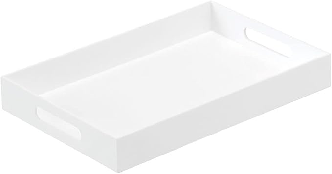 BEYLANG Glossy White Sturdy Acrylic Serving Tray with Handles-10x15Inch-Serving Coffee,Appetizer,Breakfast,Butler-Kitchen Countertop Tray-Makeup Drawer Organizer-Vanity Table,Ottoman Tray-Decorative