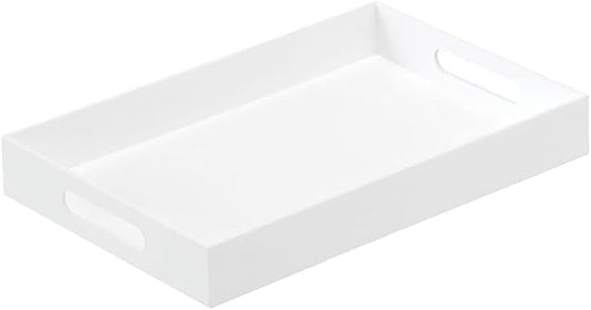 BEYLANG Glossy White Sturdy Acrylic Serving Tray with Handles-10x15Inch-Serving Coffee,Appetizer,Breakfast,Butler-Kitchen Countertop Tray-Makeup Drawer Organizer-Vanity Table,Ottoman Tray-Decorative