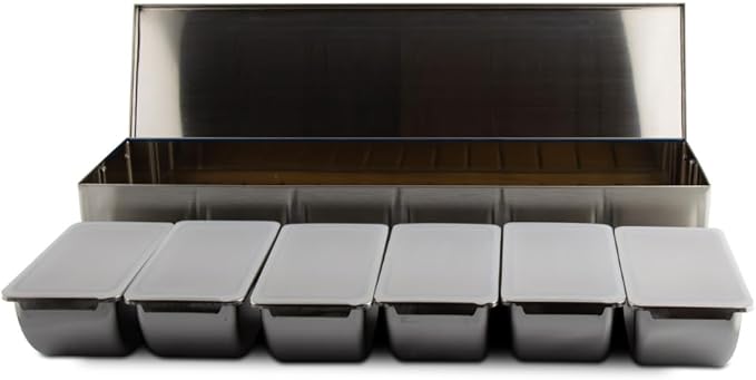 Pinnacolo 6 Slot Condiment Carrier, Stainless Steel Holders, Silicone Lids, and Gel Packs - Portable and Versatile for Outdoor BBQs and Parties