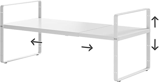 jkxoo 16.5-27’’L Expandable Kitchen Shelf Organizer, Stackable Shelves Organizer, Adjustable Height Pantry Spice Rack for Cabinet, Countertop, Pantry and Cupboard, White