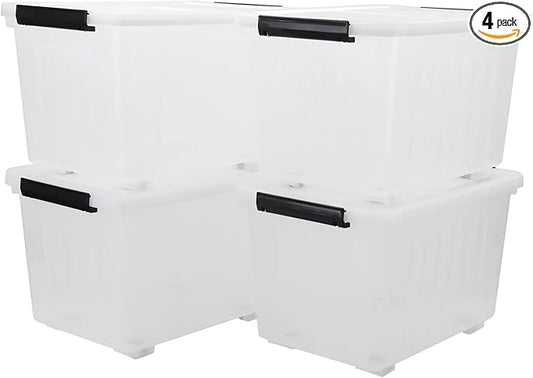 4-Pack Clear Large Plastic Storage Box with Wheels, 70 L Latching Storage Box