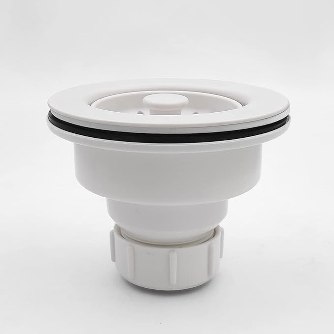 White Polymer Drain Kitchen Sink Drain Assembly with Removable Basket Strainer and Rubber Stopper for 3.5-Inch Drain Openings, Matching Color of Quartz, Granite Sinks