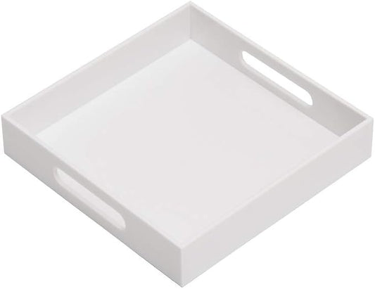 KEVLANG Glossy White Sturdy Acrylic Serving Tray with Handles-10x10Inch-Serving Coffee,Appetizer,Breakfast,Butler-Kitchen Countertop-Makeup Drawer Organizer-Vanity Table,Ottoman Tray-Decorative Tray