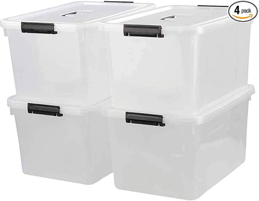 17.5 L Plastic Large Storage Box, Clear Latch Bin with Handle and Lid, Set of 4