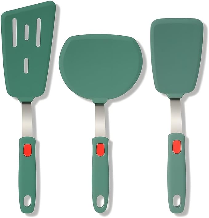 Brigii Silicone Spatula Turner Set of 3,Heat Resistant,430 Stainless Steel Core, BPA-Free Kitchen Utensils Set for Cooking,Baking,Flipping,Dishwasher Safe(Dark Green)