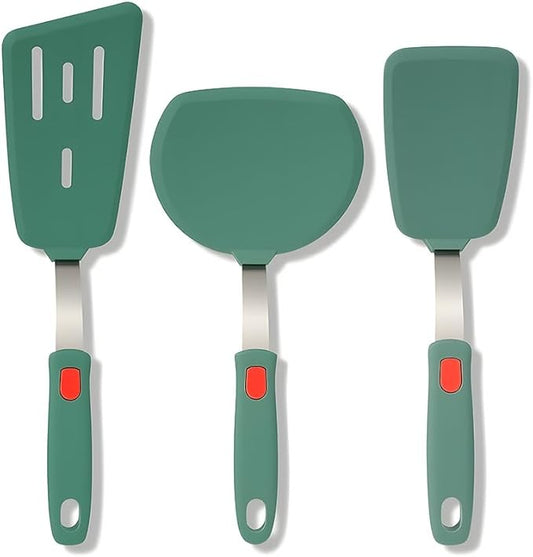 Brigii Silicone Spatula Turner Set of 3,Heat Resistant,430 Stainless Steel Core, BPA-Free Kitchen Utensils Set for Cooking,Baking,Flipping,Dishwasher Safe(Dark Green)