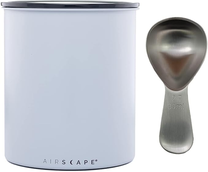 Airscape Kilo Coffee Storage Canister & Scoop Bundle Large Food Container, US Patented Airtight Lid 2-Way Valve Preserve Food Freshness, 2.2 lb Dry Beans (Large Kilo, Matte Gray & Brushed Steel Scoop)