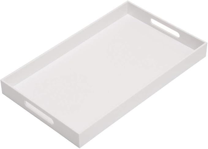 KEVLANG Glossy White Sturdy Acrylic Serving Tray with Handles-12x20 Inch-Serving Coffee Appetizer Breakfast-Kitchen Countertop Makeup Drawer Organizer-Vanity Table Ottoman Decorative Tray