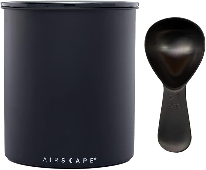 Airscape Kilo Coffee Storage Canister & Scoop Bundle - Large Food Container - US Patented Airtight Lid 2-Way Valve Preserve Food Freshness, 2.2 lb Dry Beans (Large Matte Black & Brushed Black Scoop)