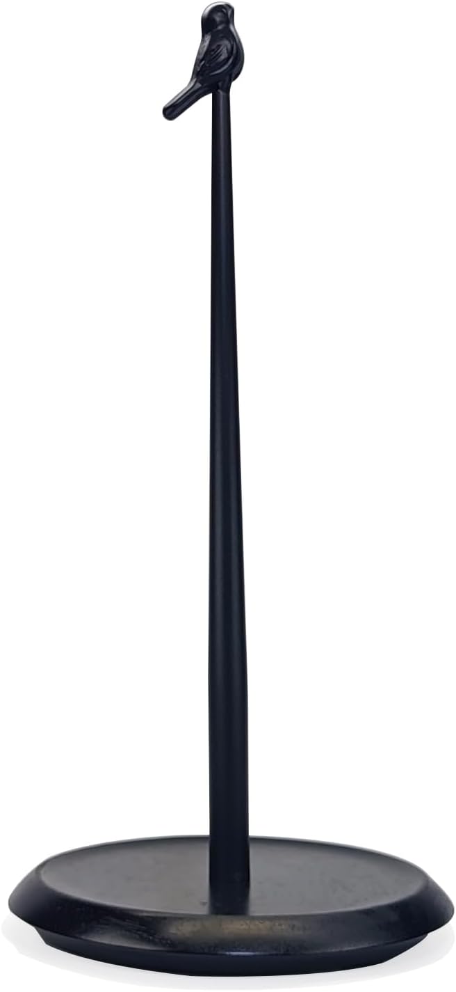 Black Paper Towel Holder Stand for Countertop with Solid Wood Base and Wrought Iron Bird, Rustic Farmhouse Vintage Cottage Core Kitchen Decor, Stable Towel Dispenser with Non-Slip Pad