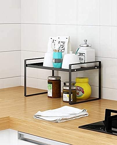 Shantton 2 Pack Kitchen Cabinet Shelf Counter Organizer Rack Pantry Storage Bathroom Bedroom Office Table Desk Space Saving Steel Frame Stackable Rust Resistant Non Slip Black