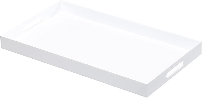 BEYLANG Glossy White Sturdy Acrylic Serving Tray with Handles-12x20Inch-Serving Coffee,Appetizer,Breakfast,Butler-Kitchen Countertop Tray-Makeup Drawer Organizer-Vanity Table,Ottoman Tray-Decorative