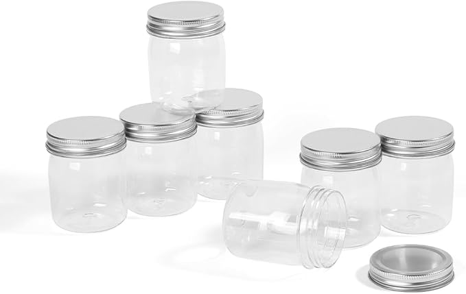 Plastic Mason Jars Reusable Storage Containers with Silver Airtight Lid 8 Ounce Clear Jars for Dry Foods, Coffee,BPA Free (32 Pack-Sliver)
