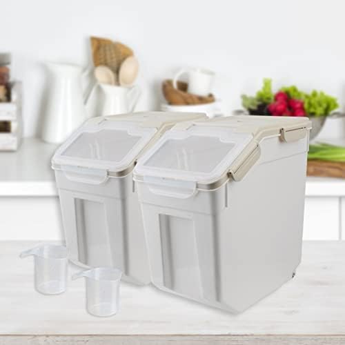 Large Flour Storage Container Bin 25lb, 2Pack Airtight Rice Storage Containers with Measuring Cup&Scoop, BPA Free with Wheels Seal Locking Lid for Flour, Rice, Grain (50LBS Total, Grey)