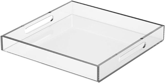 NIUBEE Acrylic Serving Tray 15x15 Inches -Spill Proof- Clear Decorative Tray Organiser for Ottoman Coffee Table Countertop with Handles