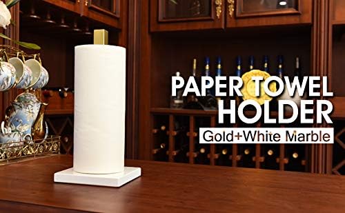 LUTAVOY Paper Towel Holder Kitchen Standing Paper Towel Roll Holder with Marble Base for Bathroom Kitchen Countertop(Gold,White Base KZ20)