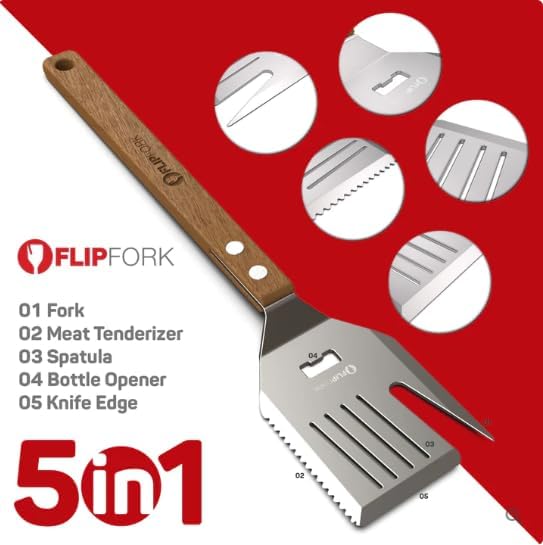 FlipFork Boss - 5 in 1 Grill Spatula with Knife, Fork, Bottle Opener and Turner BBQ Tools. All in One Grill Accessories Set for Outdoor Grills. 18 inch Grilling Accessories BBQ Set