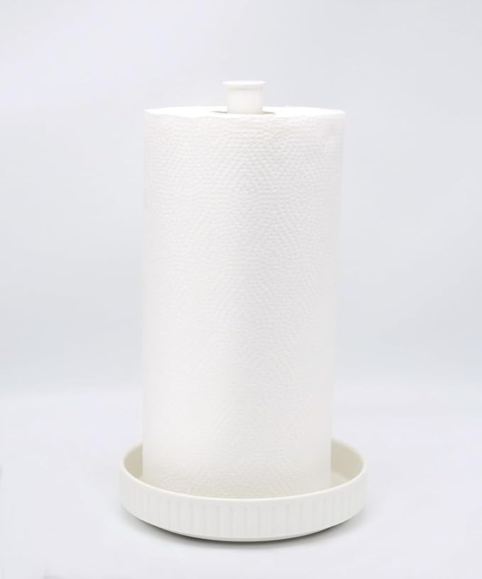 VROOMIUM Paper Towel Holder Countertop, Ceramic Base Easy-to-Clean, 1.5 lbs, 7" B x 12.5" H, Stable Elegant and Durable Kitchen Roll Stand, Chic White