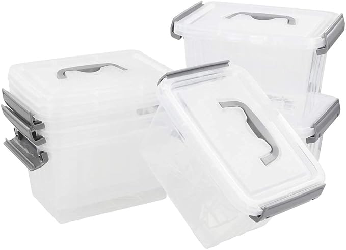 Vababa 6-Pack 3 L Clear Plastic Latch Storage Boxes with Gray Lids
