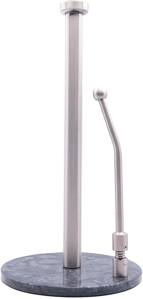 Paper Towel Holder with Marble Base – Heavy Weighted Countertop Holder, Stainless Steel Stand with Natural Stone Base, Modern Kitchen Paper Towel Dispenser