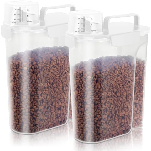 5Lbs Airtight Dog Cat Storage Container Portable with Upgraded Large Spout and Cup, Plastic Pet Food Dispenser for Small Animal Kibble, Bird Seed, Oatmeal, Rice, Flour, Brown Sugart-2 Pack White