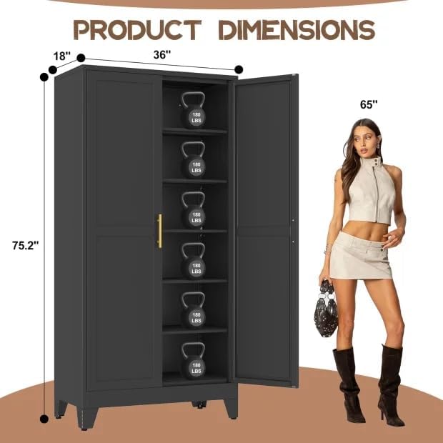 Tall Metal Kitchen Pantry Storage Cabinet with 2 Doors and 5 Adjustable Shelves - 75.2" Kitchen Cabinet with Gold Handles for Kitchen, Bathroom, Dining Room, Living Room - Black