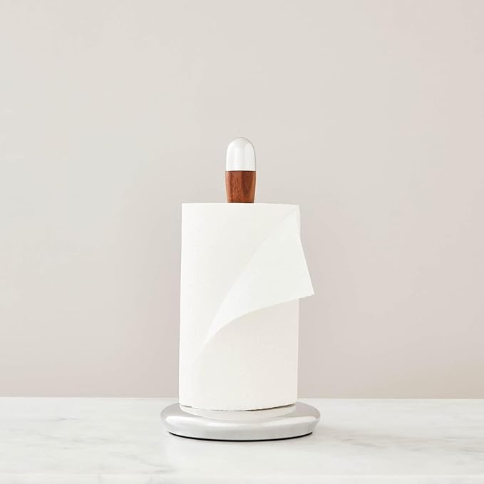 nambe Curvo Paper Towel Holder | Wooden Paper Towel Stand for Countertop | Kitchen Roll Holder with Weighted Base | Made of Acacia Wood and Metal Alloy | 7.5 x 13 Inch