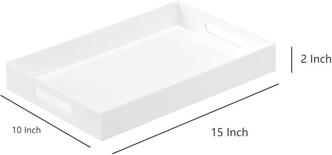 BEYLANG Glossy White Sturdy Acrylic Serving Tray with Handles-10x15Inch-Serving Coffee,Appetizer,Breakfast,Butler-Kitchen Countertop Tray-Makeup Drawer Organizer-Vanity Table,Ottoman Tray-Decorative