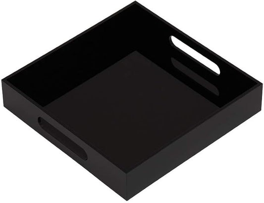 KEVLANG Glossy Black Sturdy Acrylic Serving Tray with Handles-10x10Inch-Serving Coffee,Food,Breakfast,Butler-Kitchen Countertop Tray-Makeup Drawer Organizer-Vanity Table,Ottoman Tray-Decorative Tray