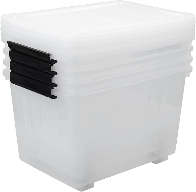 4-Pack Plastic Storage Box, 50 L Clear Large Storage Bin with Wheels