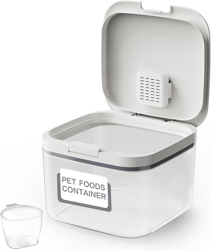 LivLab Mker Airtight Dog Food Storage Container 5 lbs - Pet Food Containers with Lids, Keeps Dry, Flour & Rice Storage Bin with Measuring Cup, Dog Treat & Cat Food Holder (6 lbs) White