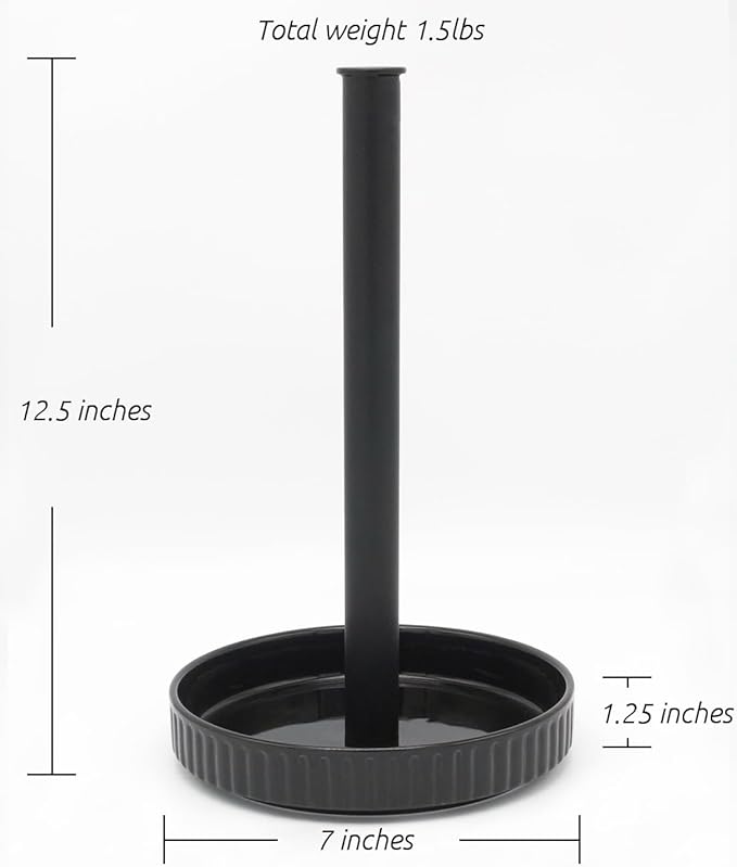 VROOMIUM Paper Towel Holder Countertop, Ceramic Base Easy-to-Clean, 1.5 lbs, 7" B x 12.5" H, Stable Elegant and Durable Kitchen Roll Stand, Classic Black