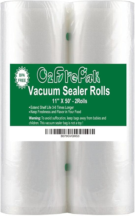 O2frepak 2Pack (Total 100Feet) 11x50 Rolls Vacuum Sealer Bags Rolls with BPA Free,Heavy Duty Vacuum Food Sealer Storage Bags Rolls,Cut to Size Roll,Great for Sous Vide
