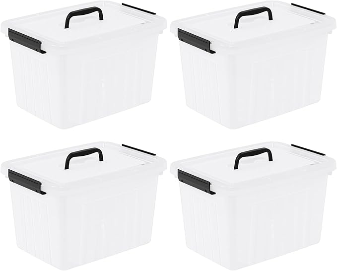 4 Pack Plastic Storage Boxes, Lidded Storage Bins with Handle, 20L, Clear